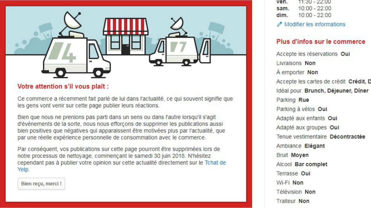 Yelp affiche un avertissement sur la page du Teahouse