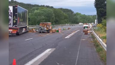 Plusieurs ruches tombées sur la chaussée lundi 6 mai sur l'autoroute à A7 dans le sens Marseille-Lyon au niveau de Sénas (Bouches-du-Rhône).