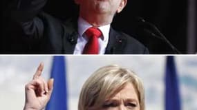 Jean-Luc Mélenchon pourrait se porter candidat aux élections législatives à Hénin-Beaumont, dans le Pas-de-Calais, où se présente Marine Le Pen, selon le quotidien régional La Voix du Nord. /Photos prises les 4 et 1er mai/REUTERS/Gonzalo Fuentes et Charle