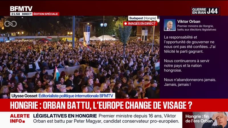 Législatives en Hongrie: la foule réagit à la victoire du chef de l'opposition hongroise, Peter Magyar