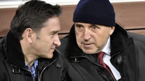 Philippe Montanier (à gauche) en discussion avec René Ruello (à droite) lors de la défaite à Toulouse (2-1) le samedi 14 février