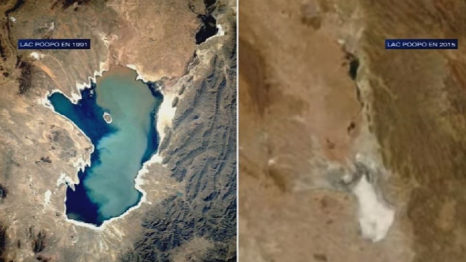 Évolution sur 24 ans du lac Poopó en Bolivie. Évolution sur 24 ans du lac Poopó en Bolivie.