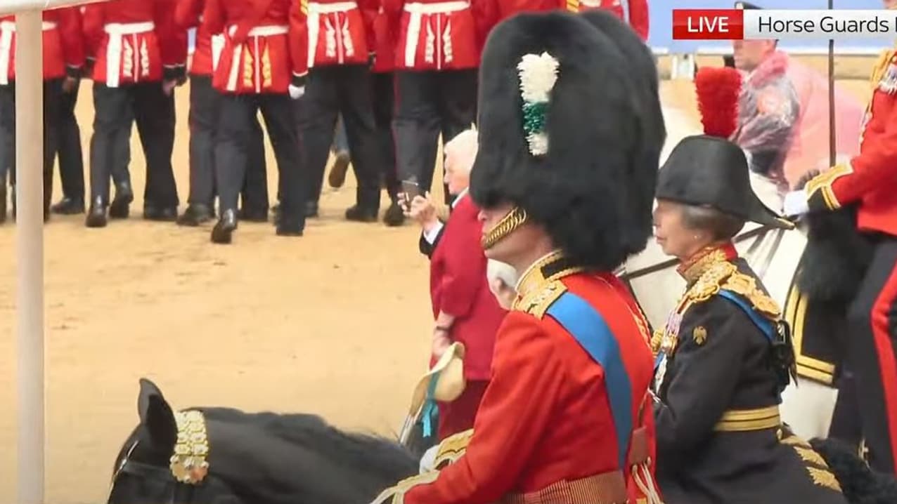 Le prince William et la princesse Anne, quelques mètres derrière le roi Charles, le 15 juin 2024 durant Trooping the Colour