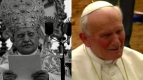 Le pape Jean XXIII (g.), qui a exercé cette fonction entre 1958 et 1963 et son successeur Jean-Paul II, pape entre 1978 et 2005.