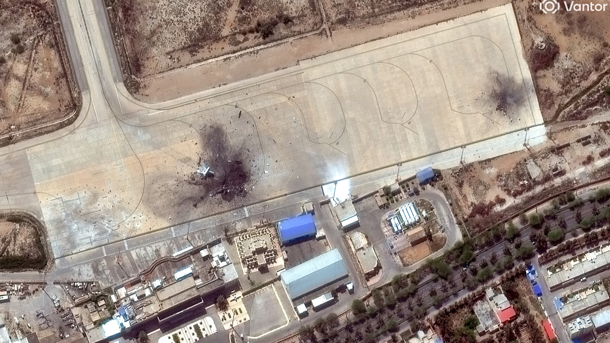 This satellite image, provided by Vantor, shows destroyed aircraft at the Bushehr international airport on March 7, 2026. © VANTOR