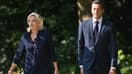 Jordan Bardella (D) et Marine Le Pen (G) arrivent pour assister à leur réunion avec Emmanuel Macron à l'Elysée à Paris, le 26 août 2024.