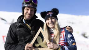 Lindsey Vonn et Aksel Lund Svindal après la victoire de l'Américaine sur la descente de St Moritz, le 12 décembre 2025.