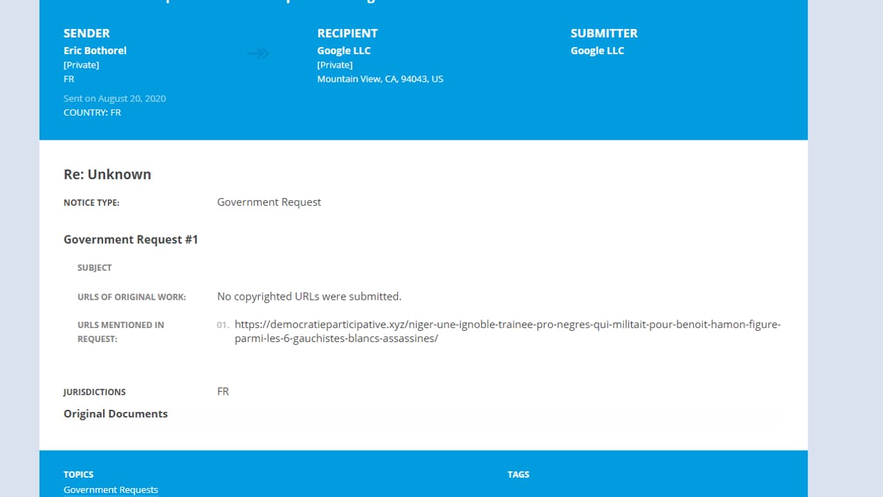 La requête déposée auprès de Google pour demander le retrait du site Démocratie Participative des résultats de recherche La requête déposée auprès de Google pour demander le retrait du site Démocratie Participative des résultats de recherche
