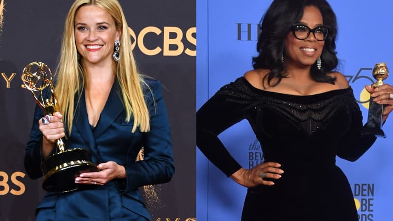 Reese Witherspoon aux Emmy Awards le 18 septembre 2017 à Los Angeles et Oprah Winfrey lors des Golden Globes le 7 janvier 2018