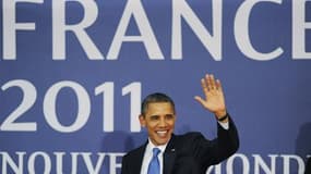 Le président américain Barack Obama à son arrivée au G20 à Cannes. Les pays du G20 mettaient jeudi la touche finale à un plan d'action concerté pour tenter de remettre l'économie mondiale sur le chemin d'une croissance durable et équilibrée et discutaient