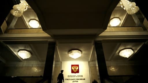 Un russe passe devant la Douma à Moscou, le 15 janvier 2010