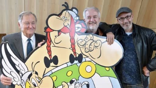Albert Uderzo, Didier Conrad et Jean-Yves Ferri le 12 octobre 2015 à Paris