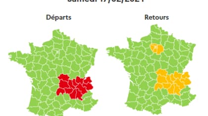Une journée classée rouge dans le sens des départs en Auvergne-Rhône-Alpes, orange dans le sens des retours dans cette même région et en Ile-de-France.