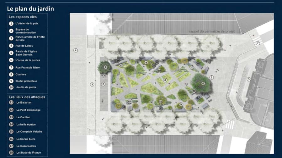 Le plan du jardin mémoriel pour les victimes des attentats du 13-Novembre, qui ouvrira en 2025 sur la place Saint-Gervais. Le plan du jardin mémoriel pour les victimes des attentats du 13-Novembre, qui ouvrira en 2025 sur la place Saint-Gervais.