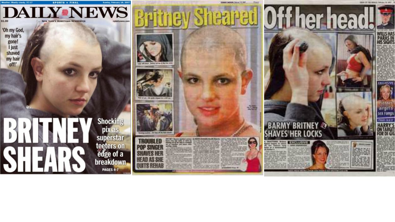 Britney Spears, le crâne rasé, en une des tabloids, il y a 10 ans.