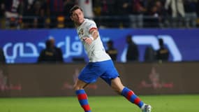 Robert Lewandowski célèbre son but lors de la demi-finale de la Supercoupe d'Espagne entre Barcelone et Osasuna (2-0), le 11 janvier 2024