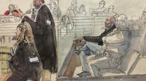 Croquis d'audience montrant Cédric Jubillar et ses avocats Alexandre Martin (C) et Emmanuelle Franck à son procès à la cour d'assises du Tarn, à Albi, le 23 septembre 2025