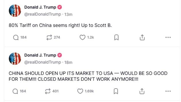 Donald Trump propose une diminution des droits de douane sur la Chine à 80% sur son réseau social Donald Trump propose une diminution des droits de douane sur la Chine à 80% sur son réseau social