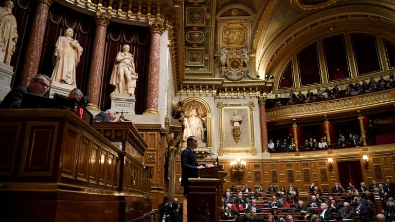 Le ministre du Travail Olivier Dussopt s'adresse aux sénateurs dans l'hémicycle du Sénat à Paris le 2 mars 2023 Le ministre du Travail Olivier Dussopt s'adresse aux sénateurs dans l'hémicycle du Sénat à Paris le 2 mars 2023