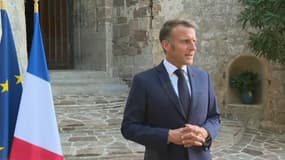 Emmanuel Macron, le 17 août 2025, à l'issue d'une réunion de la Coalition des volontaires réunissant les alliées de l'Ukraine.