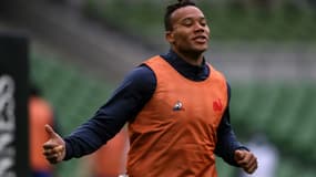 Teddy Thomas à l'échauffement avant le match du XV de France contre l'Irlande le 14 février 2021
