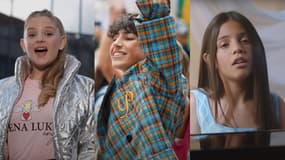 Trois des 17 candidats de l'Eurovision Junior 2024: Ana de Ana & Aleksej (Macédoine du Nord), Titouan (France) et Victoria Nicole (Portugal)