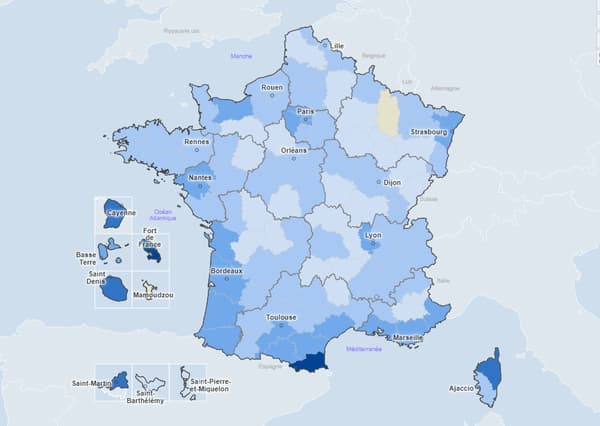 Carte du taux d'incidence pour 100.000 habitants par département sur sept jours (13 au 7 juillet) Carte du taux d'incidence pour 100.000 habitants par département sur sept jours (13 au 7 juillet)