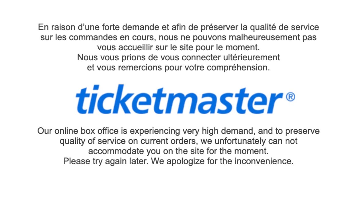 Le message d'erreur de Ticketmaster Le message d'erreur de Ticketmaster