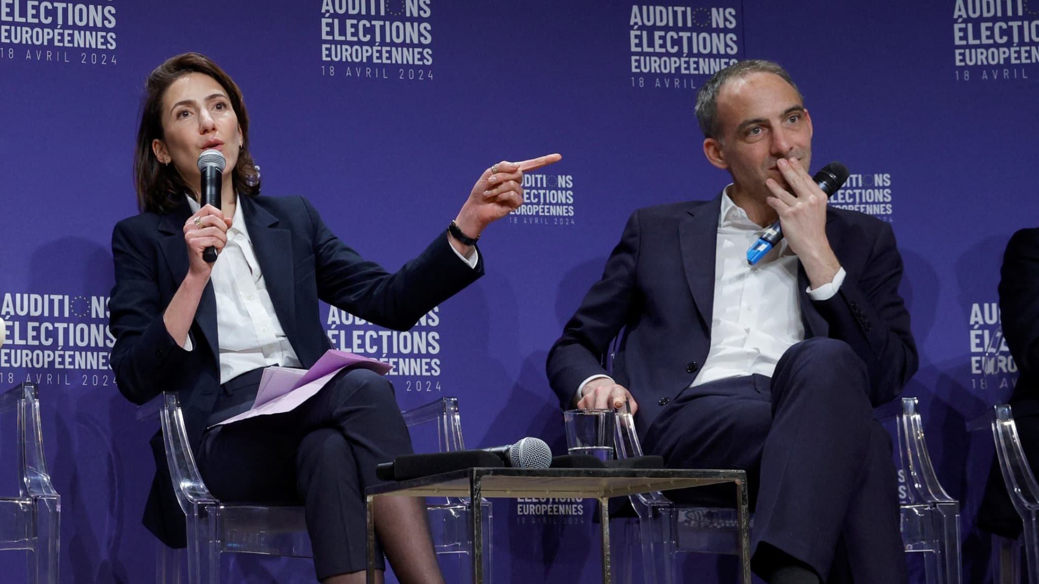 Les têtes de liste Renaissance et PS-Place publique aux élections européennes, Valérie Hayer et Raphaël Glucksmann, lors d'une audition des candidats devant le Medef, le 18 avril 2024 à Paris.
