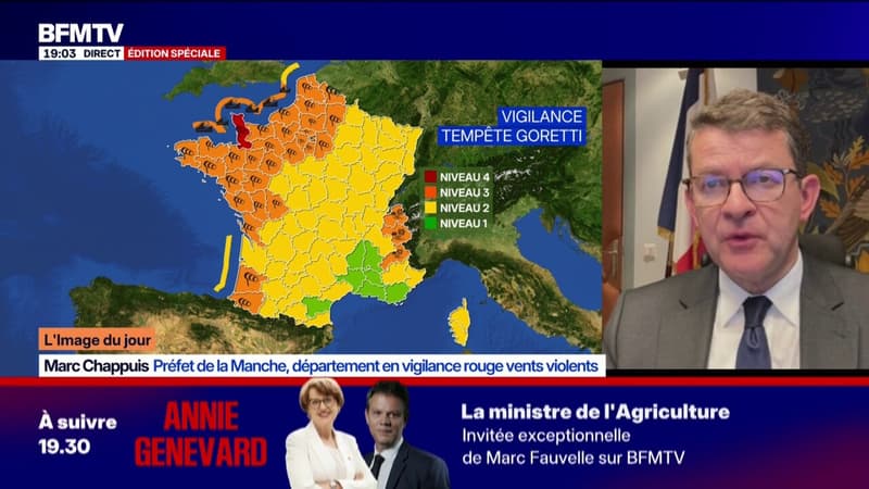 Tempête Goretti: "J'appelle tous les habitants à rester à l'abri", déclare le préfet de la Manche qui leur demande de "constituer un kit d'urgence"