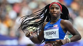 La sprinteuse Twanisha Terry lors des séries du 100m aux JO de Paris 2024, le 2 août 2024 