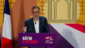 Olivier Faure, premier secrétaire du Parti socialiste (PS), prononce un discours au Campus du Parti de gauche à Blois, dans le centre de la France, le 29 août 2025.