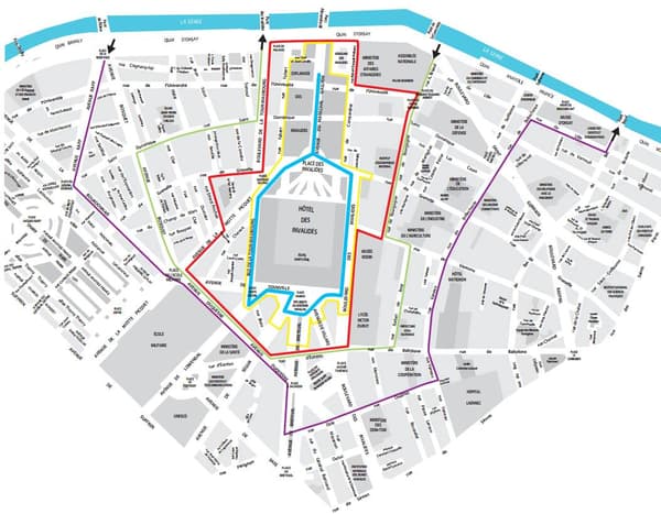 En bleu, le tracé du circuit aux Invalides, en jaune l'enceinte du Grand Prix avec le paddock, les stands et la piste, et rouge, les axes fermés à la circulation les vendredi 22 et samedi 23 avril.