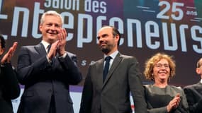 Le Premier ministre Edouard Philippe, le ministre de l'Économie Bruno Le Maire, et la ministre de l'Emploi Muriel Pénicaud au Salon des entrepreneurs en février 2018.