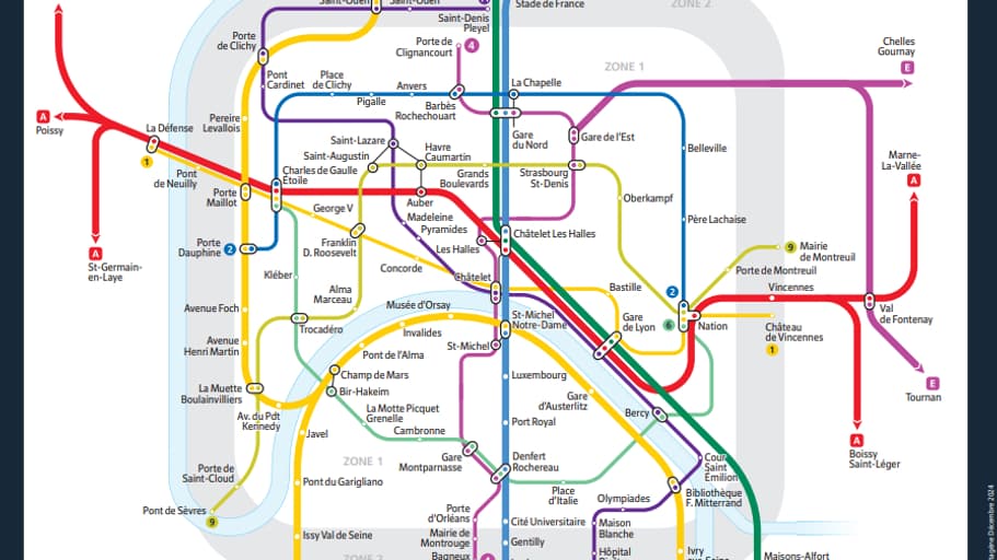 La carte des lignes de métro et RER en circulation le 31 décembre 2024.