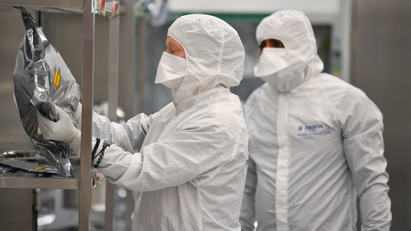 Technicians work on the newly named Rosalind Franklin ExoMars rover at the Airbus Defence and Space facility in Stevenage, north of London on February 7, 2019