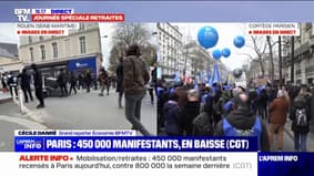 Retraites: 450.000 manifestants à Paris, selon la CGT, un chiffre en baisse