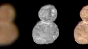 Première image nette d'Ultima Thule, en noir et blanc et en couleurs, survolée le 1er janvier 2019 par la sonde New Horizons. 