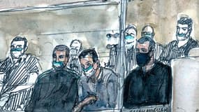 Croquis d'audience de de plusieurs des 14 hommes présents à leur procès pour les attentats du 13 novembre 2015 à Paris