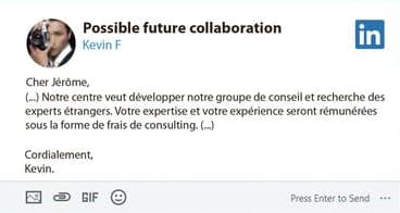 Un exemple de prise de contact, traduite, sur LinkedIn.