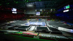 La Merkur Spiel-Arena, stade du Fortuna Düsseldorf, se transforme en salle de handball pour le championnat d'Europe, 9 janvier 2024