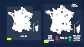 La carte de France des clubs de Ligue 1 de 2002 à 2022 (passage à 20 clubs)