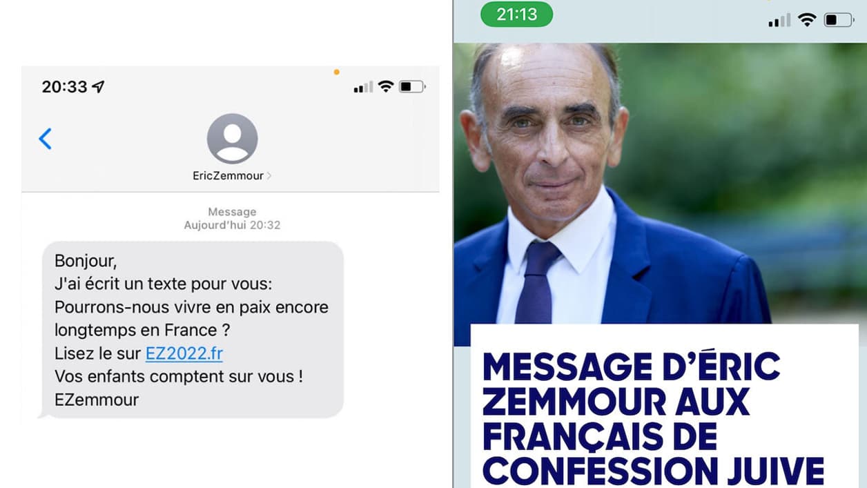 Le SMS redirigeant vers la déclaration d'Eric Zemmour destinée à la communauté juive, hébergée sur le site ez2022.fr