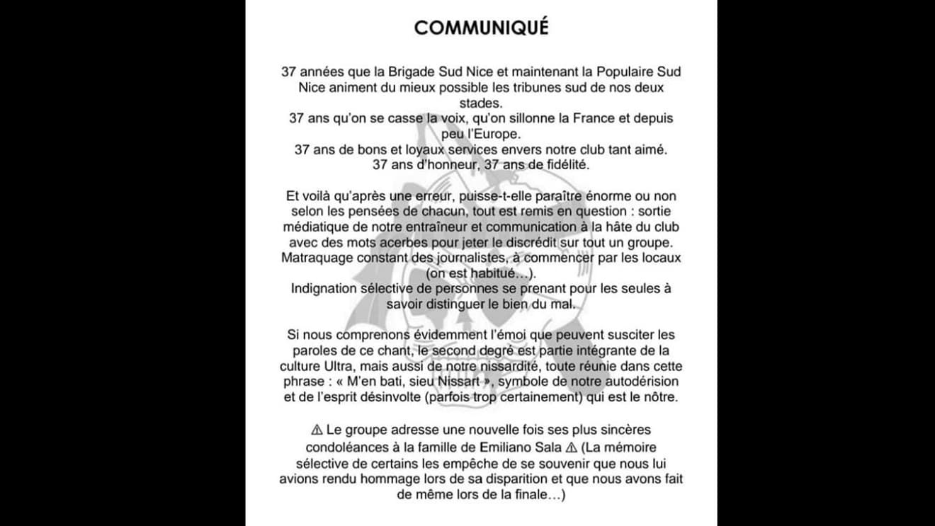 Le communiqué des Ultras de la Populaire Sud