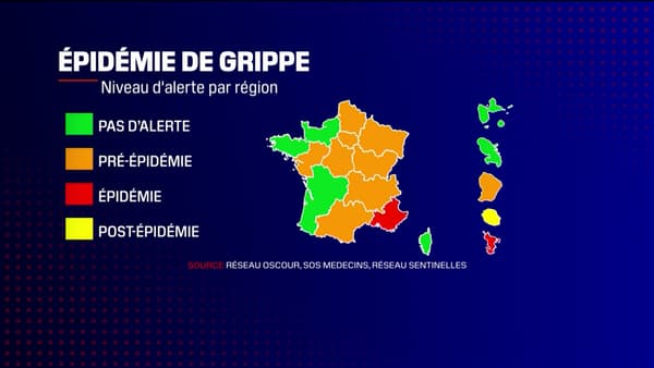 Huit régions sont situées en phase pré-épidémique et une en phase épidémique de grippe pour la France métropolitaine, au 14 décembre 2023