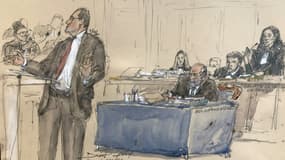 Croquis d'audience réalisé le 10 novembre 2023 à Paris montrant l'ancien Premier ministre Jean Castex témoignant lors du procès pour prise illégale d'intérêt du garde des Sceaux Eric-Dupond-Moretti 