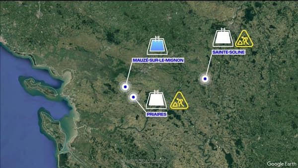 Carte des projets de méga-bassines dans les Deux-Sèvres. 