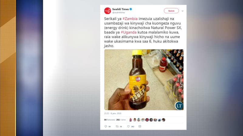 Une bouteille de la boisson énergisante Natural Power SX, fabriquée en Zambie.