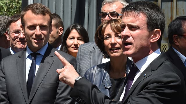 Emmanuel Macron, Marisol Touraine et Manuel Valls lors d'un déplacement en Ardèche pour un comité interministériel sur la ruralité, le 20 mai 2016.