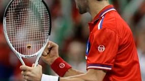 Le Serbe Novak Djokovic lors de son match contre le Français Gilles Simon, battu 6-3 6-1 7-5. La France et la Serbie sont a égalité 1-1 vendredi, après les deux premiers simples de la finale de la Coupe Davis qui oppose les deux équipes à Belgrade. /Photo
